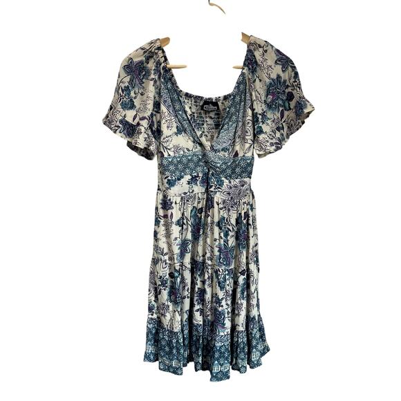 Angie Floral Boho Mini Dress S Blue White Rayon Smocked Waist Flutter Sleeve - Picture 2 of 7